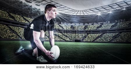 Rugby player ready to make a drop kick against rugby stadium with copy space 3d