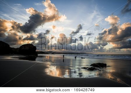 Sunset at the Playa de las Catedrales -Beach of the Cathedrals- (Ribadeo, Lugo, Galicia, Spain).
