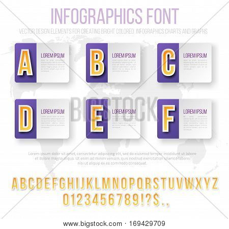 Bright Infographics Vector Violet Colored Numbers and Letters Set for Options and Feautures List. Template for brochure, business charts, web design and posters