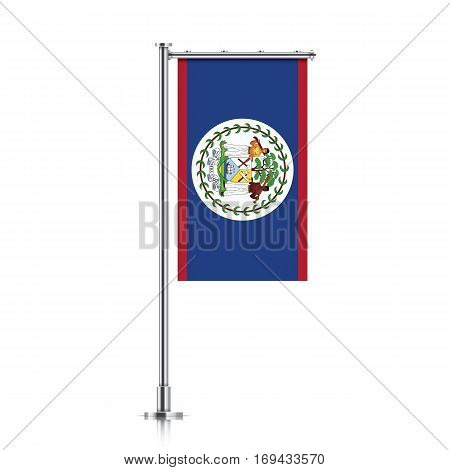 Belize vector banner flag hanging on a silver metallic pole. Vertical Belize flag template isolated on a white background.