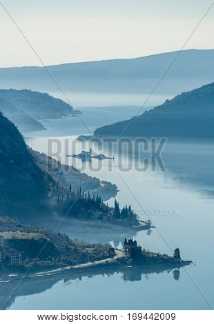 Panoramic view of Kotor bay Montenegro, Perast and Risan