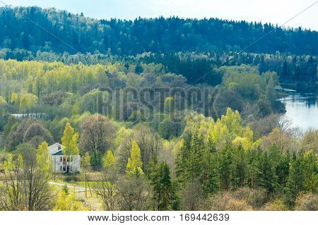 Areal view on Gauja river valley on beautiful spring day, Sigulda, Latvia