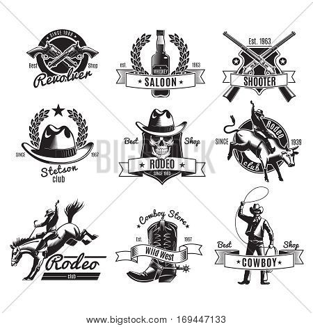 Vintage rodeo black labels with wild west elements for store club or saloon design isolated vector illustration