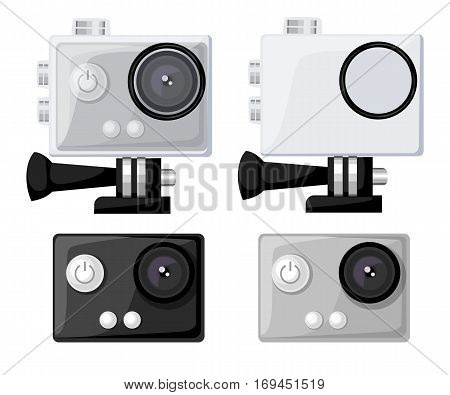 Action camera icons vector set flat style Realistic vector illustration. Gear for filming active rest.