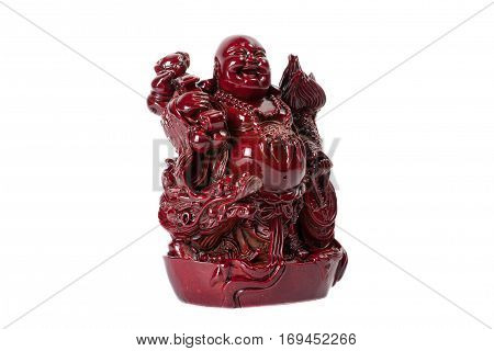 Statue laughing Buddha - Budai or Hotei. Cheerful monk with dragon and coins isolated on white background.