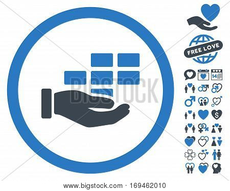 Service Schedule icon with bonus passion pictograms. Vector illustration style is flat rounded iconic smooth blue symbols on white background.