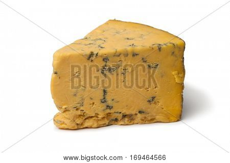 Wedge of English Shropshire Blue cheese on white background