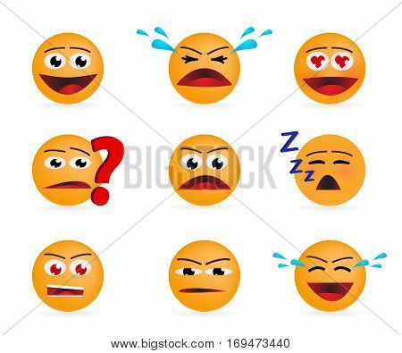 Set of nine different emotions. Smiley. Ball. Isolated on white background