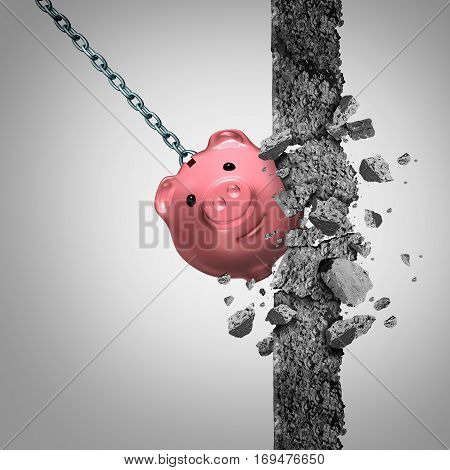 Strong finances concept or breaking the bank metaphor and financial freedom symbol as a solid wrecking ball shaped as a savings piggy demolishing a wall of cement with 3D illustration elements.