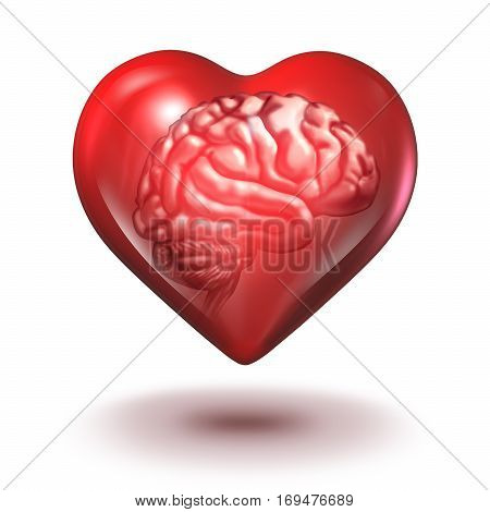 Smart love concept with a brain inside a red heart shape as a saint valentine idea concept or relationship psychology and couple counseling as a 3D illustration.
