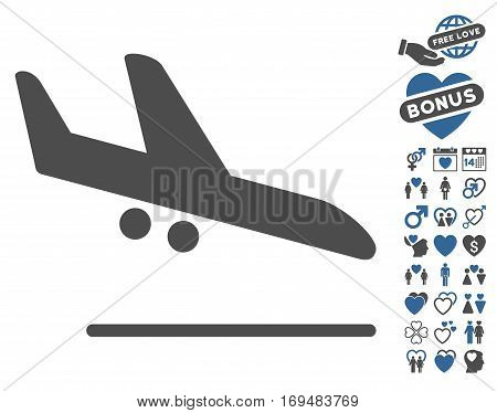 Aiplane Landing icon with bonus lovely images. Vector illustration style is flat iconic cobalt and gray symbols on white background.