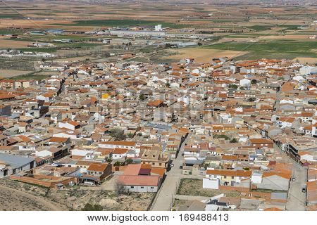 Aerial view, Town of Consuegra in the province of Toledo, Spain