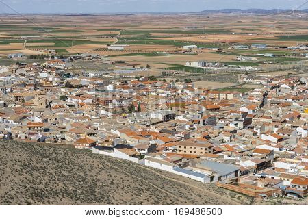Aerial view, Town of Consuegra in the province of Toledo, Spain