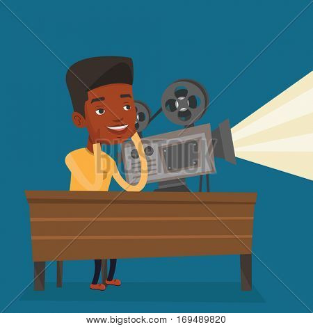An african projectionist showing new film. Man sitting at the table with film projector in the room of projectionist. Young projectionist at work. Vector flat design illustration. Square layout.