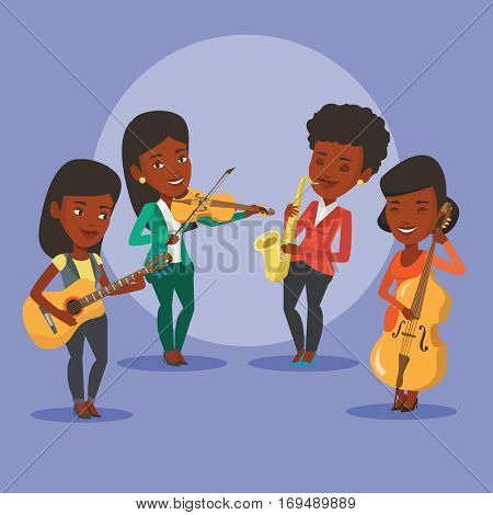 Band of musicians playing on musical instruments. Group of young musicians playing on musical instruments. Band of musicians performing with instruments. Vector flat design illustration. Square layout