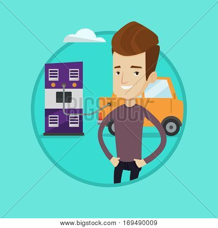 Young happy man charging electric car at charging station. Cheerful man standing near power supply for electric car charging. Vector flat design illustration in the circle isolated on background.