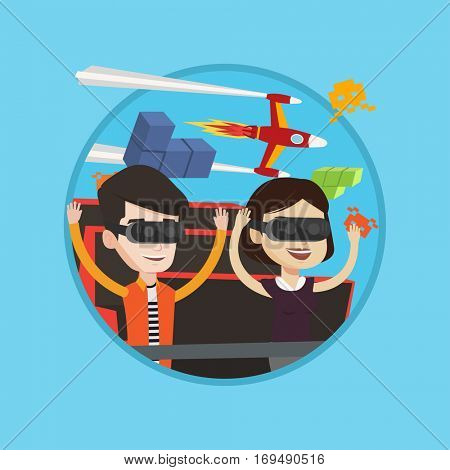 Caucasian couple in virtual reality headset riding on roller coaster. Couple in vr glasses having fun at virtual amusement park. Vector flat design illustration in the circle isolated on background