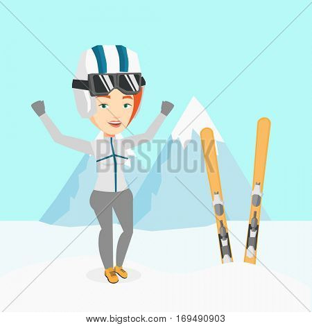 Caucasian sportswoman standing with skis on the background of mountains. Young woman skiing. Cheerful skier resting in the mountains during sunny day. Vector flat design illustration. Square layout.