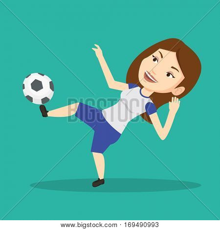 Young caucasian soccer player kicking ball during game. Happy female soccer player juggling with a ball. Football player playing with soccer ball. Vector flat design illustration. Square layout.