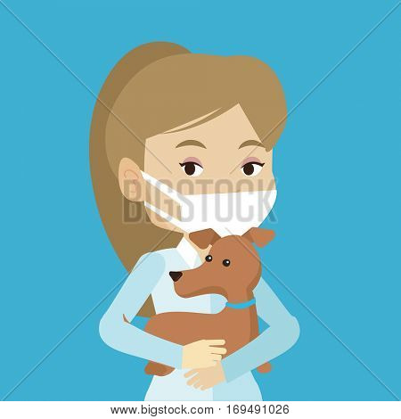 Young caucasian veterinarian holding dog. Female veterinarian in medical mask carrying a dod. Female veterinarian examining dog. Pet care concept. Vector flat design illustration. Square layout.