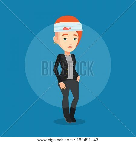 Upset caucasian woman with bandages over her head. Sad injured woman with a bandaged head. Full length of young woman wounded in head. Vector flat design illustration. Square layout.