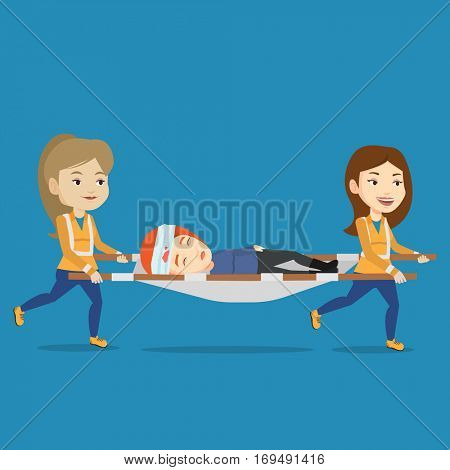 Caucasian emergency doctors transporting victim after accident on the stretcher. Team of emergency doctors carrying injured woman on medical stretcher. Vector flat design illustration. Square layout.