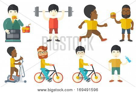 Sportive happy man riding a bicycle. Smiling cyclist riding a bicycle. Young healthy man on a bicycle. Healthy lifestyle concept. Set of vector flat design illustrations isolated on white background.