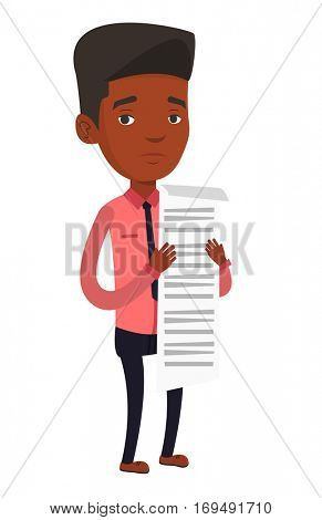 African businessman standing with a long bill in hands. Disappointed businessman holding long bill. Businessman looking at long bill. Vector flat design illustration isolated on white background.