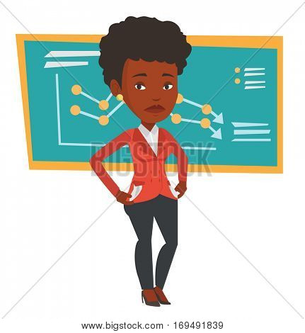 African bankrupt businesswoman showing her empty pockets. Bankrupt businesswoman turning her empty pockets inside out. Bankruptcy concept. Vector flat design illustration isolated on white background.