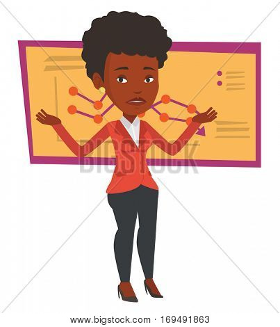 Stressed bancrupt standing on the background of decreasing chart. Bancrupt business woman with spread arms. Business bankruptcy concept. Vector flat design illustration isolated on white background.