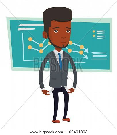 African bankrupt businessman showing his empty pockets. Bankrupt businessman turning his empty pockets inside out. Bankruptcy concept. Vector flat design illustration isolated on white background.