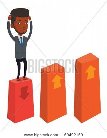 African-american frightened bankrupt businessman clutching his head. Bankrupt standing on chart going down. Concept of business bankruptcy. Vector flat design illustration isolated on white background