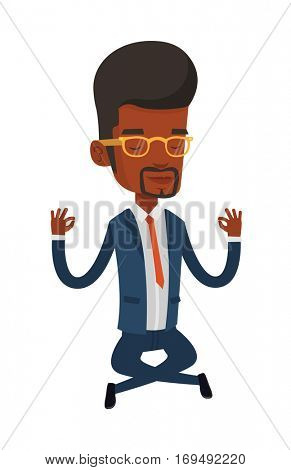 African-american businessman doing yoga in lotus pose. Businessman meditating in yoga lotus pose. Businessman sitting in yoga lotus pose. Vector flat design illustration isolated on white background.