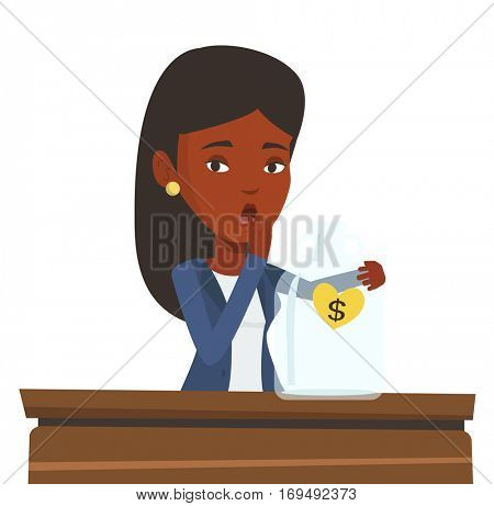 Bankrupt business woman looking at empty money box. Desperate bankrupt sitting at the table with empty money box. Bankruptcy concept. Vector flat design illustration isolated on white background.