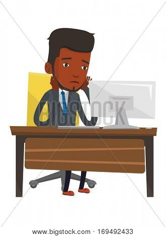 African-american exhausted employee sitting at workplace in front of computer. Overworked tired employee working with head propped on hand. Vector flat design illustration isolated on white background