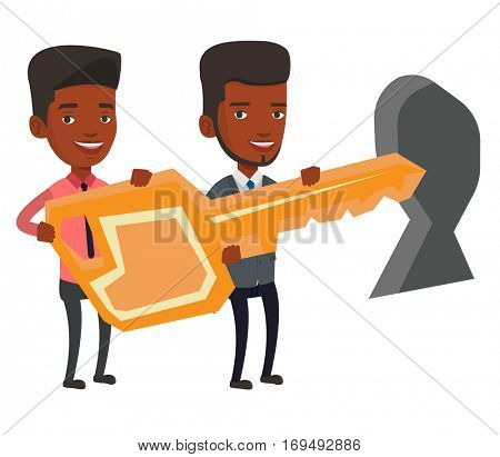 Businessmen standing in front of a keyhole with big key. Business team holding the key to success. Two businessmen carrying huge gold key. Vector flat design illustration isolated on white background.