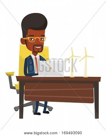 An african-american worker of wind farm working on a laptop. Engineer projecting wind turbine. Smiling worker with model of wind turbine. Vector flat design illustration isolated on white background.