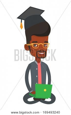 Graduate sitting with laptop on knees. Student in graduation cap working on a computer. Educational technology and graduation concept. Vector flat design illustration isolated on white background.