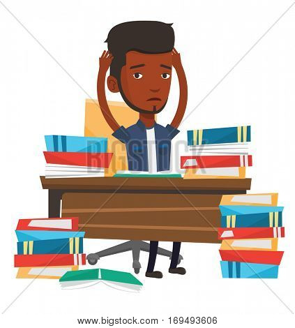 African-american student studying hard before exam. Stressed student studying with textbooks. Desperate student studying in the library. Vector flat design illustration isolated on white background.