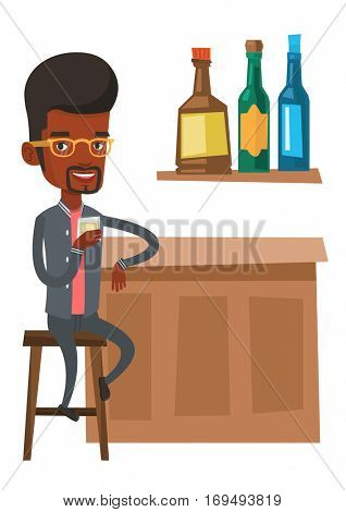 African man sitting at the bar counter. Man sitting with glass in bar. Man sitting alone and celebrating with an alcohol drink in bar. Vector flat design illustration isolated on white background.
