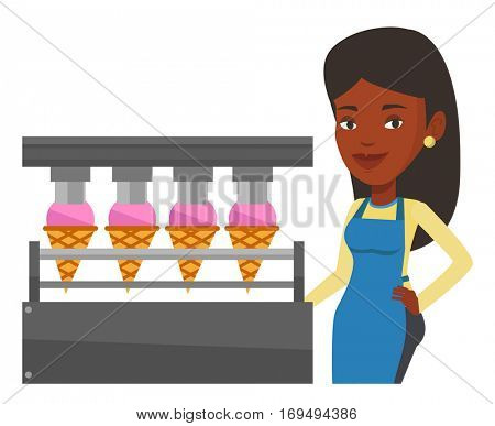 African worker of ice cream manufacture. Worker of factory producing ice-cream. Woman working on automatic production line of ice cream. Vector flat design illustration isolated on white background.