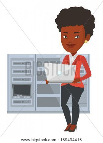 Engineer with laptop working in network server room. Engineer standing in network server room. Network engineer using laptop in server room.Vector flat design illustration isolated on white background