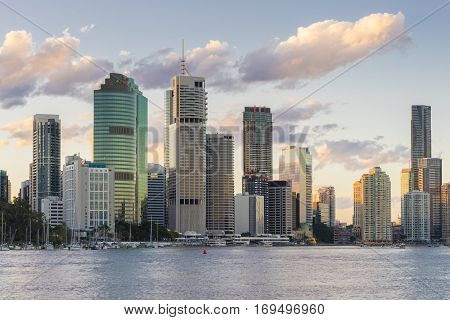 Brisbane, Australia - September 25, 2016: View of Brisbane city skyline and Brisbane river at sunset.