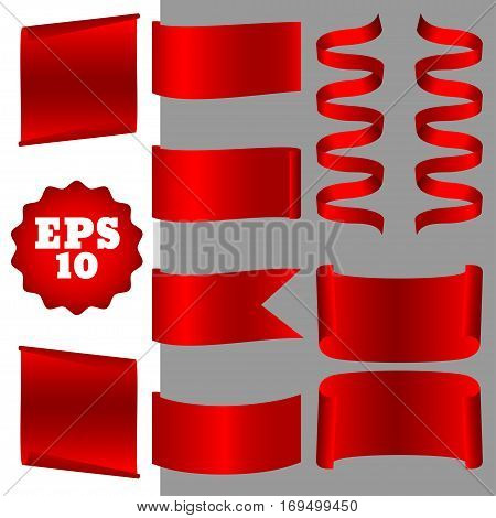 Set of red ribbon and banners on a white and gray background