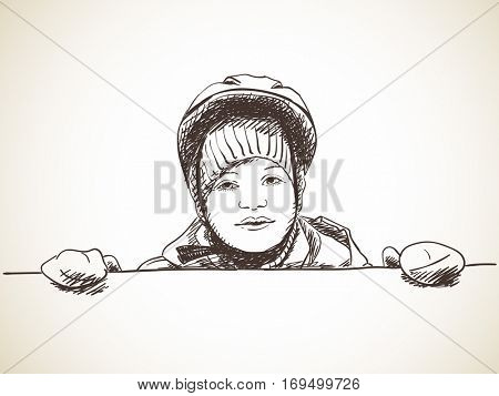 Sketch of young girl wearing helmet and mittens standing behind blank wall, Hand drawn Vector illustration