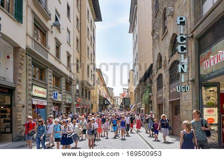 FLORENCE, ITALY - July 25, 2016. Street view of Old Town Florence Tuscany, Italy. is the capital city of the Italian region of Tuscany, with approximately 382,000 inhabitants