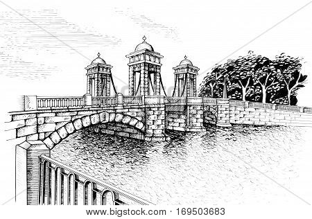 Historic bridge on Fontanka embankment, St. Petersburg. Monument of culture of the city bridge construction. Original scan drawings by hand image.