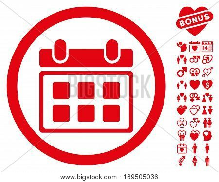 Calendar icon with bonus passion design elements. Vector illustration style is flat rounded iconic red symbols on white background.