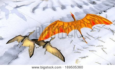Flying pterodactyl against the beautiful cloudscape 3d illustration