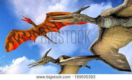 Flying pterodactyl against the beautiful cloudscape 3d illustration